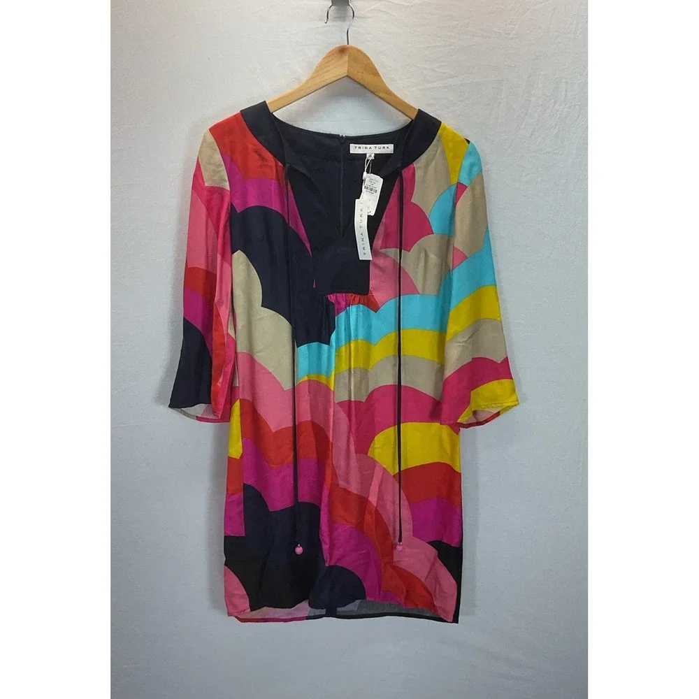 NEW Trina Turk colorful Tunic mini dress 3/4‎ Sleeve size 4 Satin tassels resort